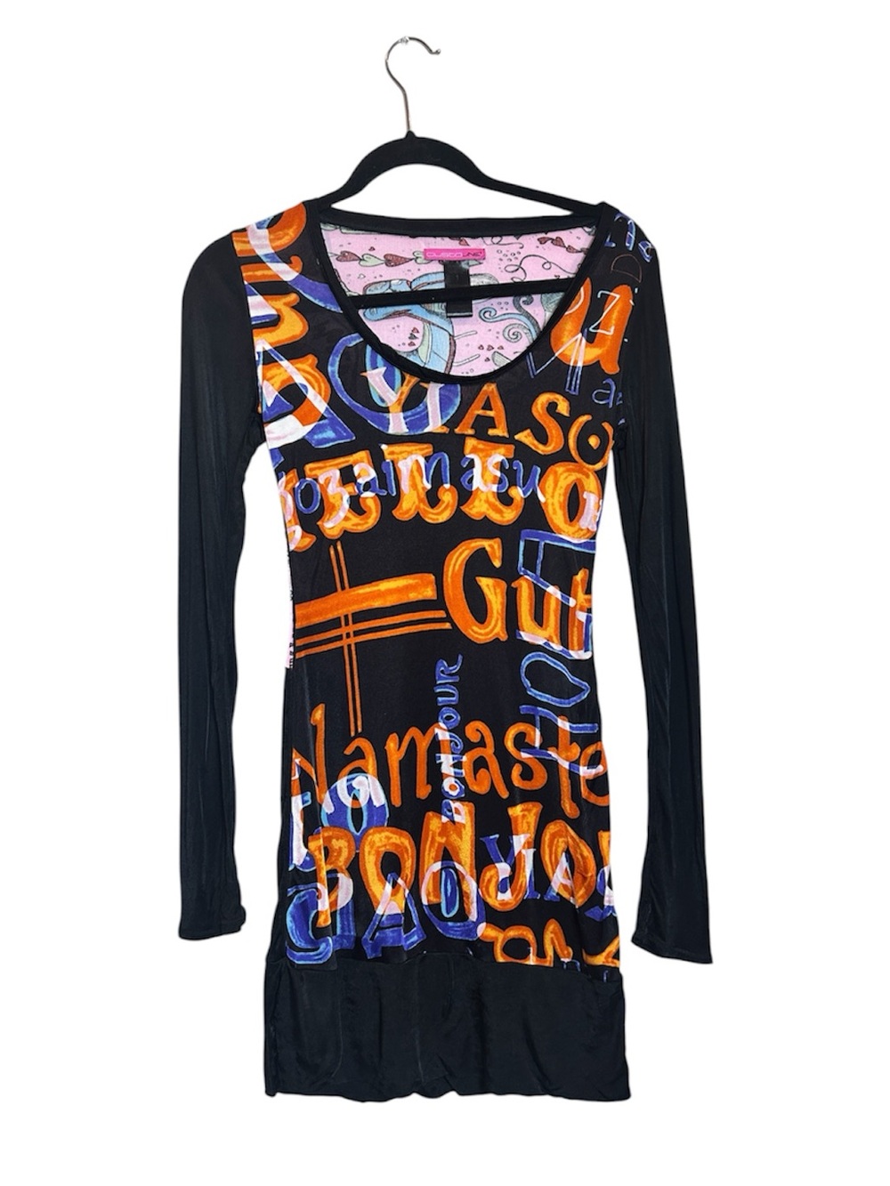 Custo Barcelona Black Long-Sleeve Scoop Neck Top with Orange & Blue Graphic